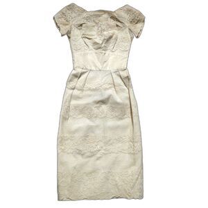 Vintage 50s Pinup Ivory Wedding Wiggle Dress, BIANCHI, Lace & Beaded, Sz. 00/0